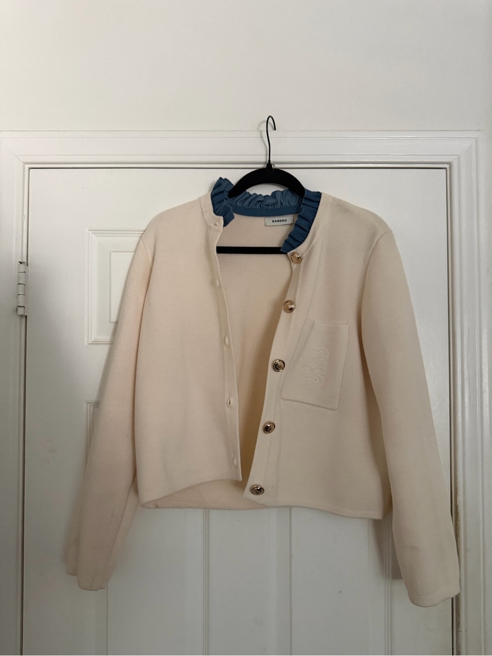 Sandro Cream Button-Front Cardigan with Chest Pocket